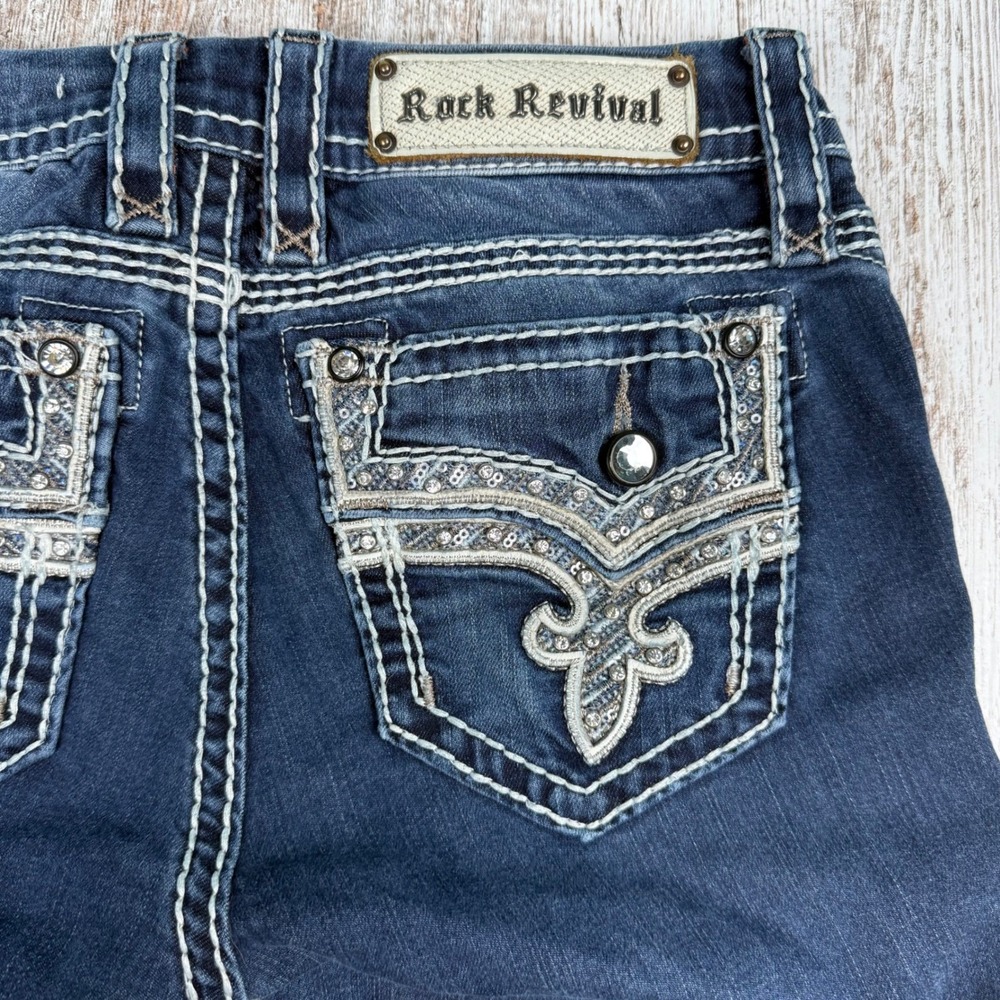 Rock Revival Betty Low Rise Bootcut Jeans Dark Wash Contrast Stitch Sz 27 Bling - Picture 10 of 13